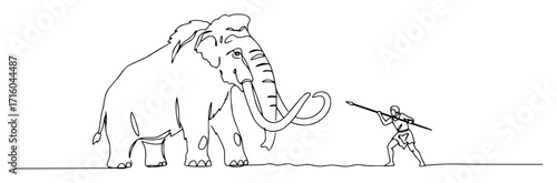 spear hunter confronting giant mammoth attack vector engraving monoline
