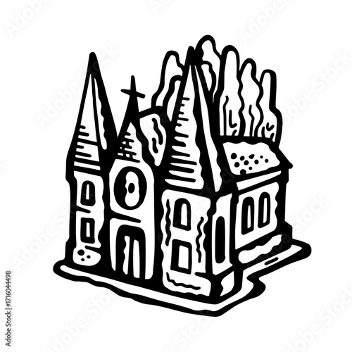 
Vector illustration black and white of a gothic late medieval cathedral with stained glass windows and spires, in comic book style, on a white isolated background