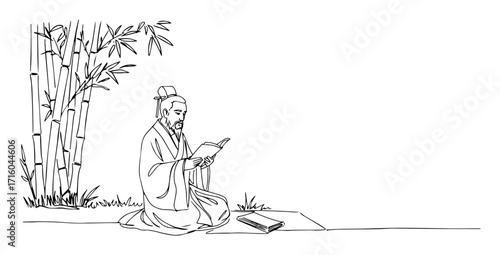 ancient chinese scholar or confucius reading scroll under bamboo continuous one line drawing vector