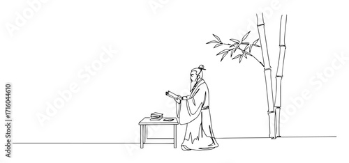 tea master performing traditional gongfu ceremony beside bamboo minimal monoline vector outline