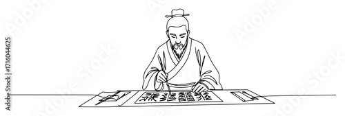 ancient scholar practicing brush calligraphy at wooden desk ink art monoline oneline vector