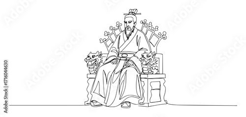 imperial emperor seated on ornate throne surrounded by blossoms monoline oneline vector outline