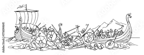 packed viking longship charging into coastal battle scene thin line illustration vector