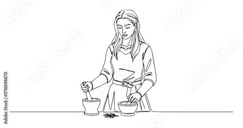woman preparing herbs with mortar and pestle monoline thin lineart vector design