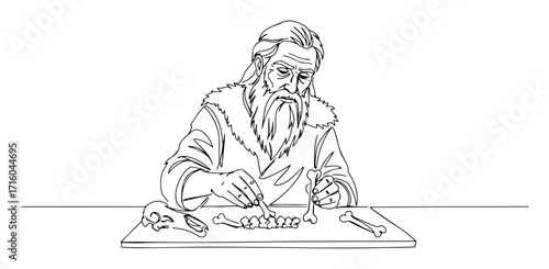 ancient man preparing food with bones monoline thin lineart vector design