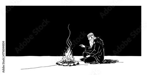 an old wise man or hermit sitting by a campfire at night graphic black and white vector illustration