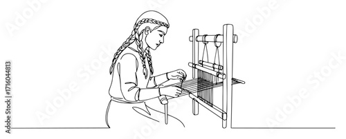 an ancient viking woman weaving on a traditional loom historical craft concept single line drawing vector art