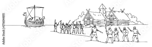 a group of viking warriors in formation in their village historical army scene continuous one line drawing vector art