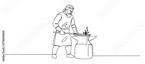 a viking blacksmith forging a sword on an anvil with a hammer a historical craft concept single line drawing vector art