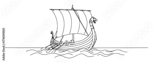 a viking longship drakkar sailing on the sea a historical norse boat single continuous line drawing vector design