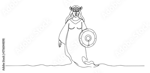 the norse goddess freyja or a viking shieldmaiden holding a shield a mythological character continuous line drawing vector art