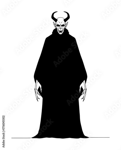 sinister horned demon cloaked figure silhouette monoline vector