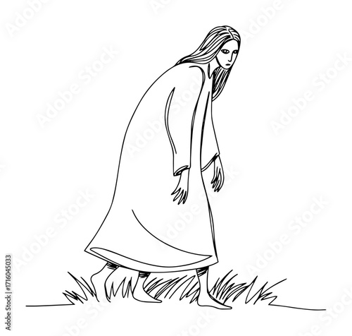 wandering hooded ghostly figure silhouette monoline vector outline