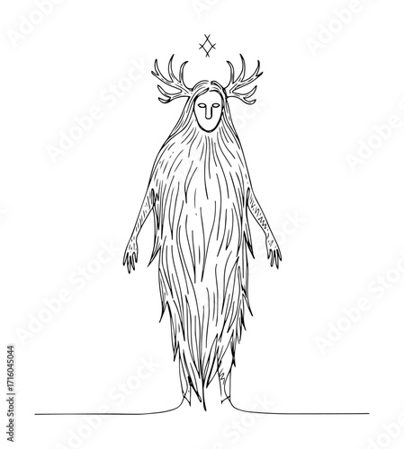 shaggy deer spirit guardian of woods monoline vector design