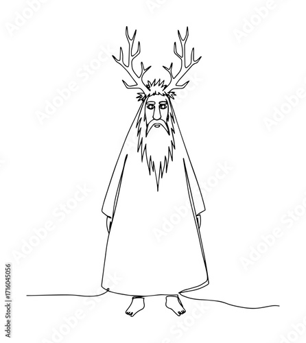ancient druid with antler crown and robe contour vector engraving