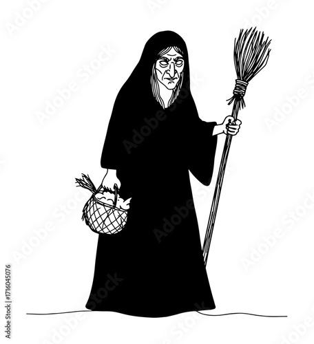 an old witch baba yaga with a broomstick and basket a slavic folklore character graphic vector illustration