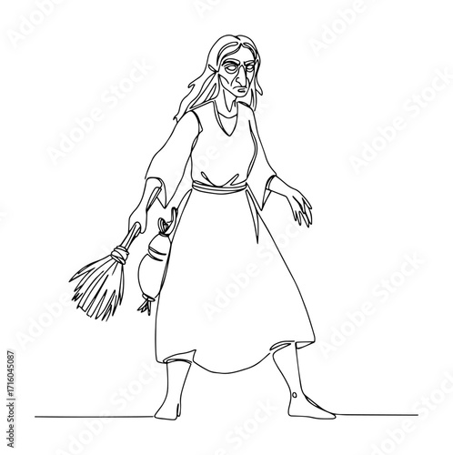 a scary old witch or hag with a broom a halloween folklore character continuous one line drawing vector lineart