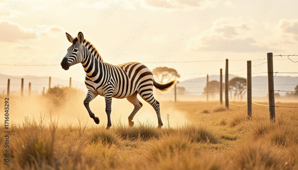 Naklejka premium Majestic Zebra in a Golden Sunset, Galloping Through Dusty Plains with Fencing and Soft Grass Under a Dramatic Sky