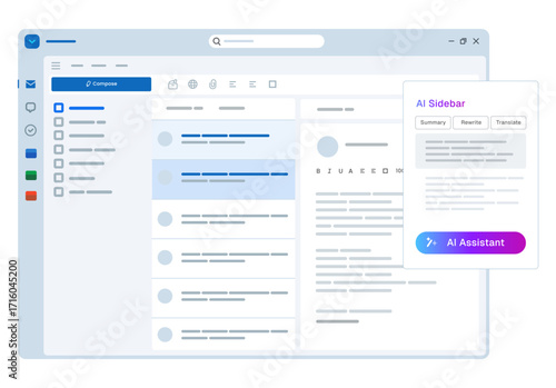 email client with an integrated AI assistant sidebar graphic visualizes the use of artificial intelligence in business communication and productivity offering features like summarization rewriting and