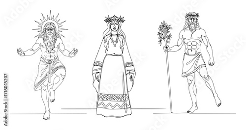 ancient pagan gods trio sun earth and wine deities standing together linear sketch minimal vector lineart