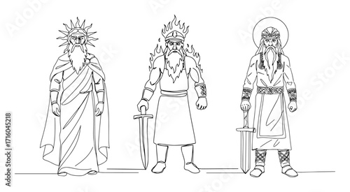 three greek roman warrior gods with weapons ceremonial pose classic mythology thin stroke vector outline