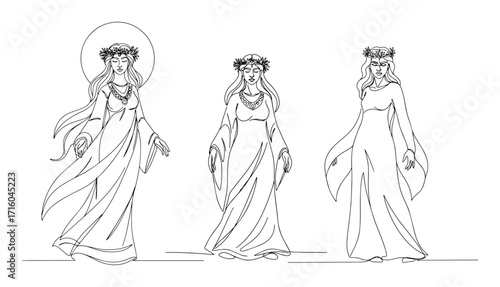 triple moon goddess maiden mother crone concept elegant continuous line drawing vector monoline