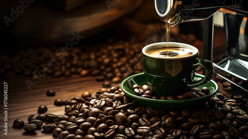 Wallpaper Mural Tasse de café ou cappuccino avec machine à café et grains de café. Boisson chaude, ambiance chaleureuse, relaxante et sombre. Arrière-plan pour conception et création graphique.	 Torontodigital.ca