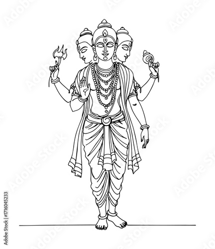 multi faced hindu god brahma with four heads and multiple arms intricate thin line art vector outline