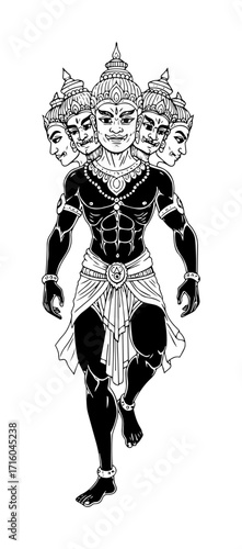 mythical demon king ravana multi headed villain dynamic stance detailed linework vector illustration