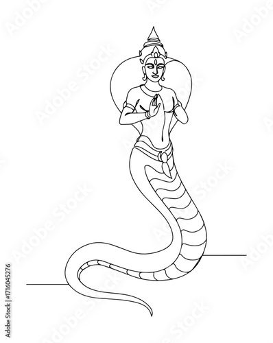 serpent god naga with human upper body monoline thin lineart vector illustration