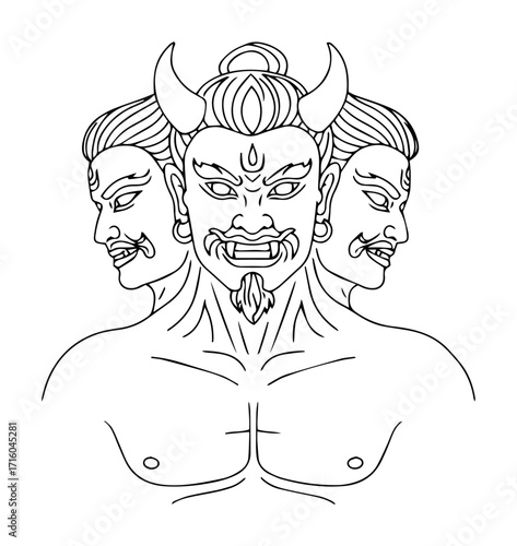 angry demon with three faces monoline thin lineart vector design