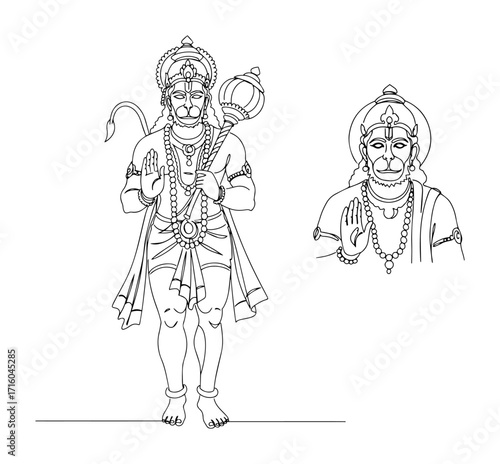 hindu gods hanuman and rama monoline thin lineart vector illustration