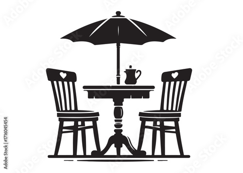 two chairs and table logo silhouette vector, table with chairs silhouette vector illustration, romantic dinner table silhouettes, table with umbrella and two chairs logo silhouettes vector 