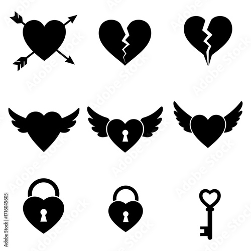 Collection of Black Heart Icons, Including Broken Hearts, Winged Hearts, and Heart Padlocks