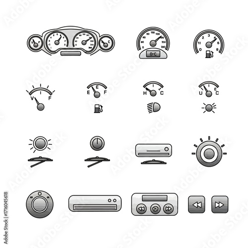 Collection of grayscale vehicle dashboard icons, showing various controls and gauges.