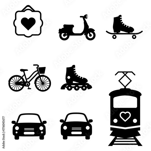 A versatile collection of essential urban transportation and recreational icons presented as modern digital vector silhouettes