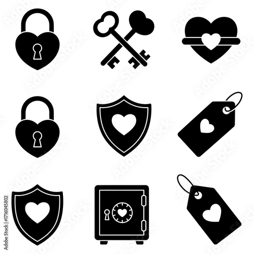 Collection of Icons Representing Love, Security, Safety, Protection, and Romance Symbols in Black