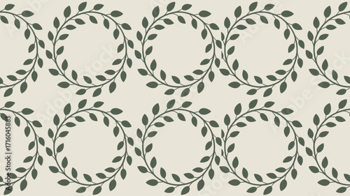 Seamless pattern with circular wreaths of green leaves on a light beige background in a repeating design