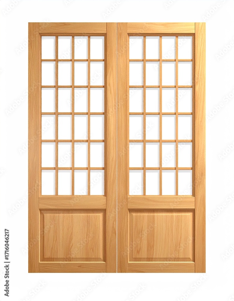 Obraz premium Pair of light-wood double doors with a gridded upper section and a solid lower panel, set against a white background