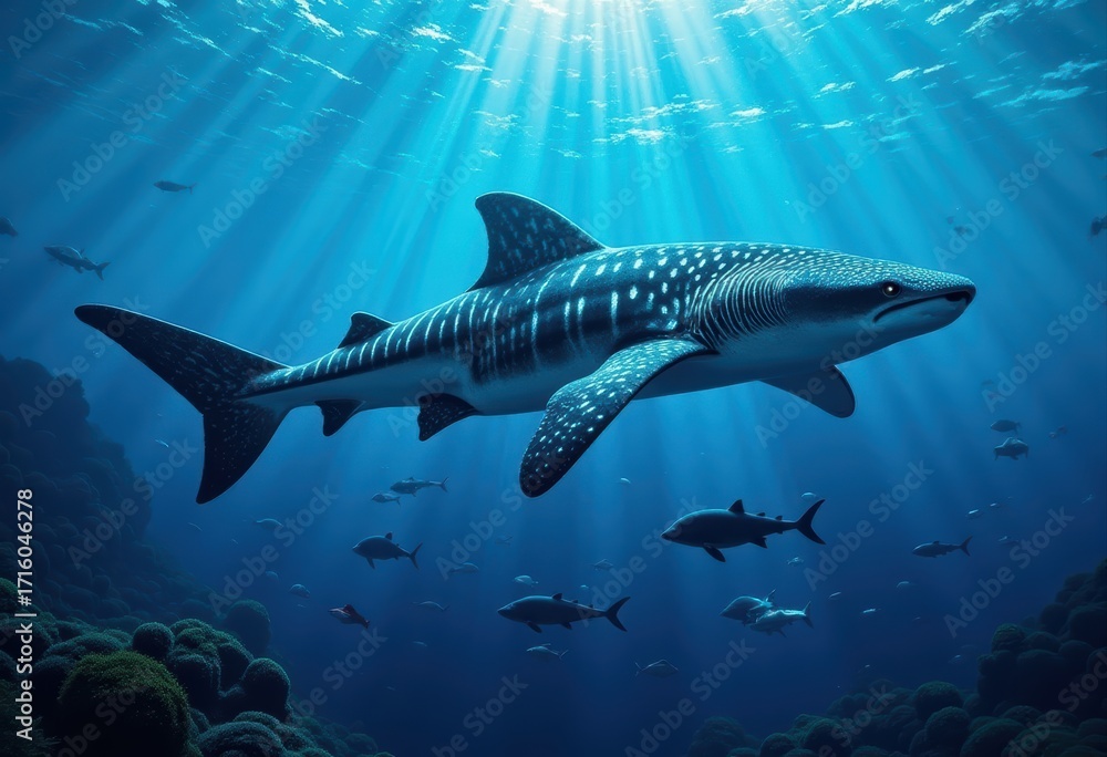 Fototapeta premium Majestic Shark Swimming Gracefully Through Deep Blue Ocean Under Sunlight Rays with Vibrant Marine Life Around in Stunning Underwater Scene