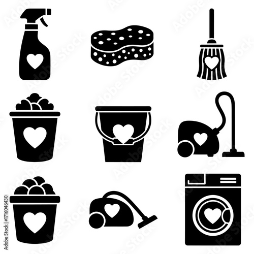 Collection of cleaning icons featuring hearts on a white background, ideal for design or projects