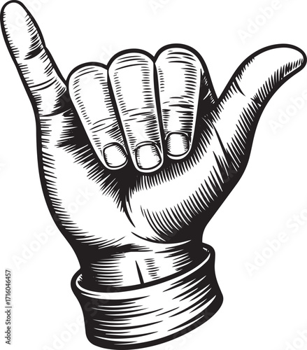 Detailed black and white engraving style illustration of hand making shaka surf gesture with precise hatching and vintage woodcut print quality