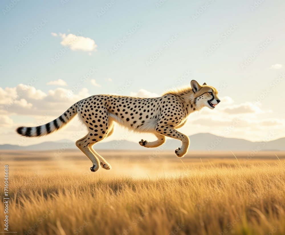 Obraz premium Cheetah Running in Open Field Under Sunny Sky with Clouds and Mountains in Background Capturing Speed and Grace of Wild Animal in Natural Habitat