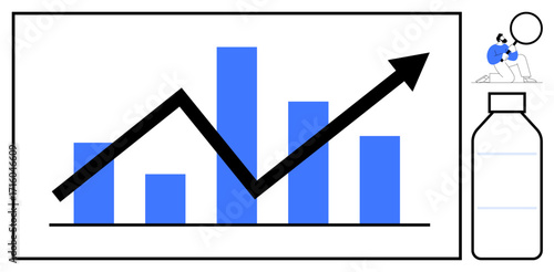 Rising black arrow over bar graph signifying growth and success. Accompanied by abstract human carrying a bubble, and a simplistic jar outline. Ideal for business, success, innovation, strategy