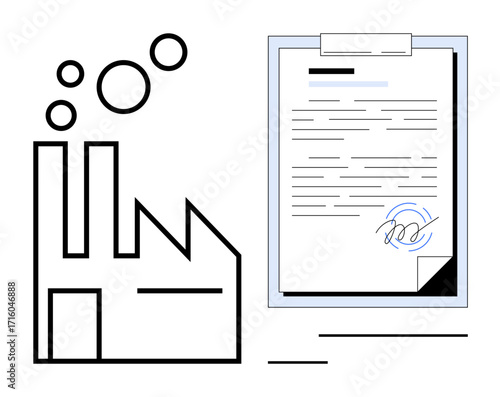 Factory emitting bubbles next to a signed contract clipboard. Ideal for policy, compliance, industry, contract, sustainability, agreement, business process. Simple flat metaphor