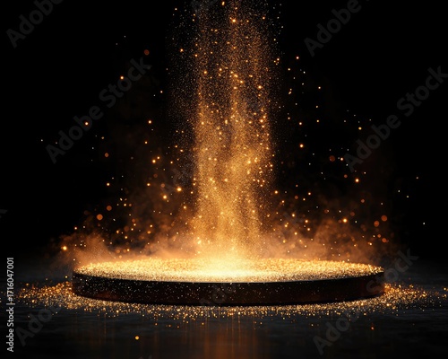 Golden circular podium with luminous dust