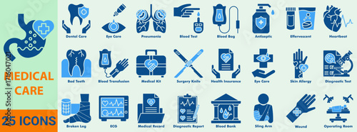 Medical care icon set two color. Containing diagnostic test, dental care, medical record, blood bank, surgery kit, wound, heartbeat, eye care, health insurance, antiseptic, blood test, pneumonia.