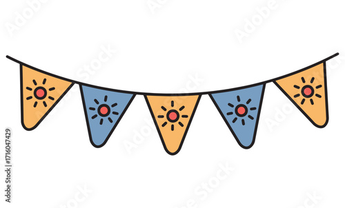 Vector illustration of colorful party bunting garland with hearts and stars, perfect for celebrations and decorations