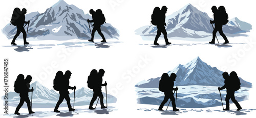 Snow mountain hiking vector set with winter gear, backpack travelers, outdoor adventure, trekking shadows, cold terrain, nature exploration illustration design