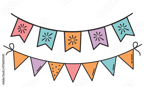 Vector illustration of colorful party bunting garland with hearts and stars, perfect for celebrations and decorations